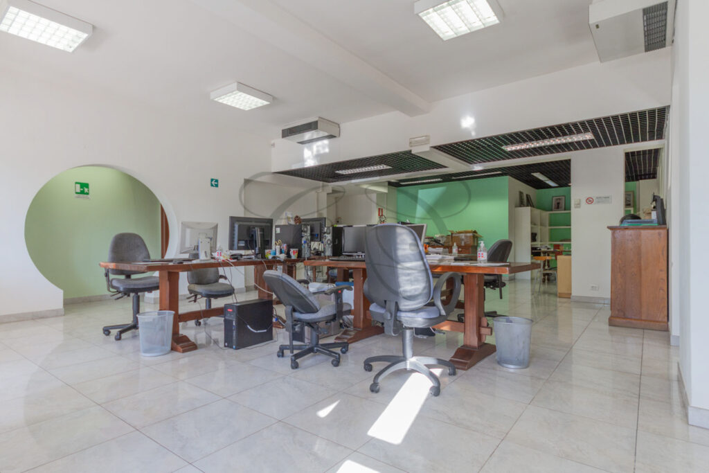 Open space luminoso con finestre sul verde, ufficio affitto EUR - Class & Country Homes.