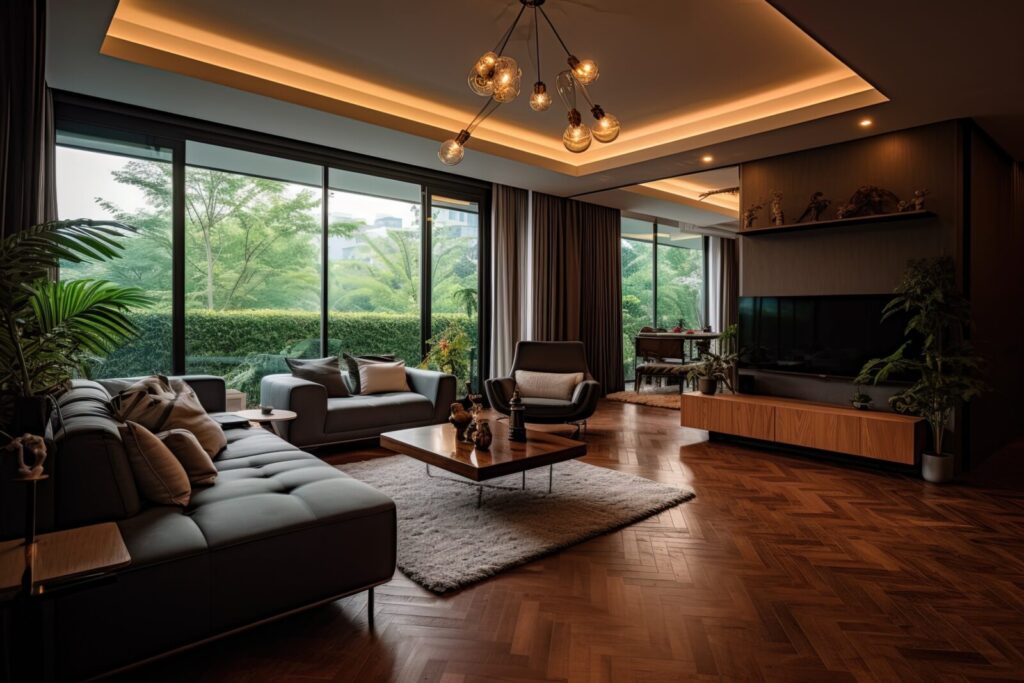 Spacious open-plan living area in a Rome luxury villa with sofas, dining set, foosball table, and industrial lighting.