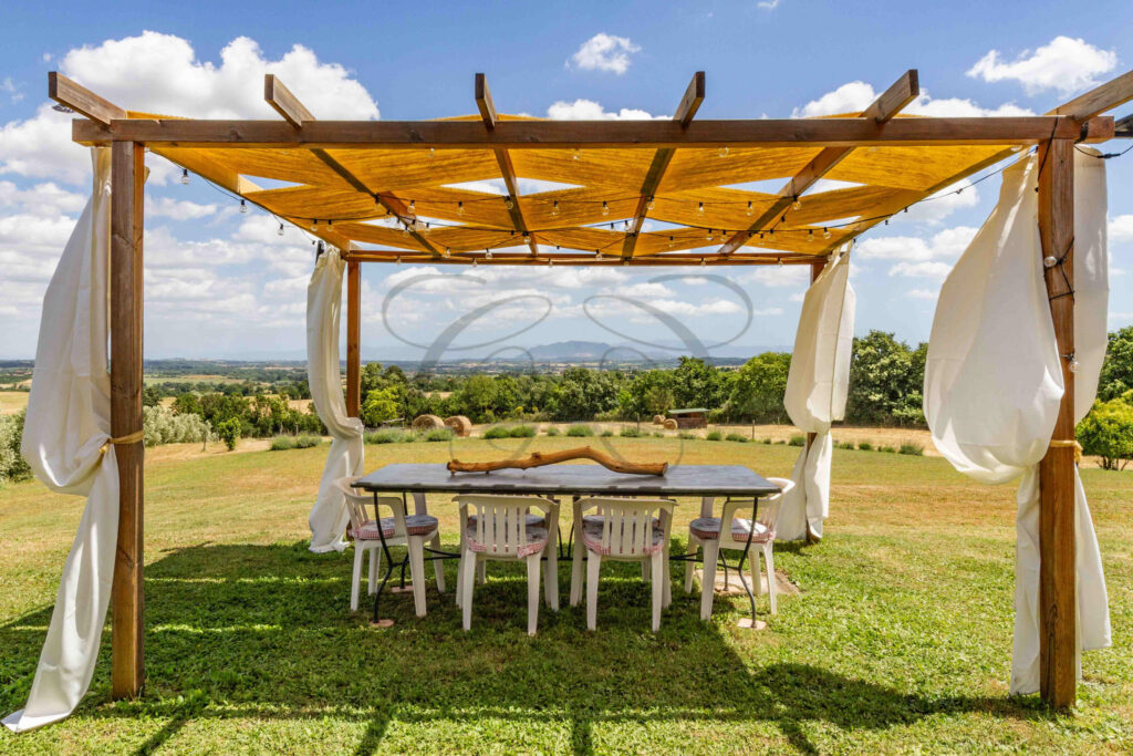 Aerial view of a large countryside estate with an olive grove and panoramic hills.