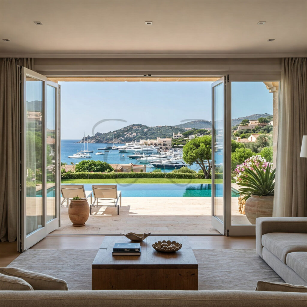 Vista mare panoramica dal soggiorno di una villa di lusso a Porto Cervo, con piscina privata e baia sullo sfondo.