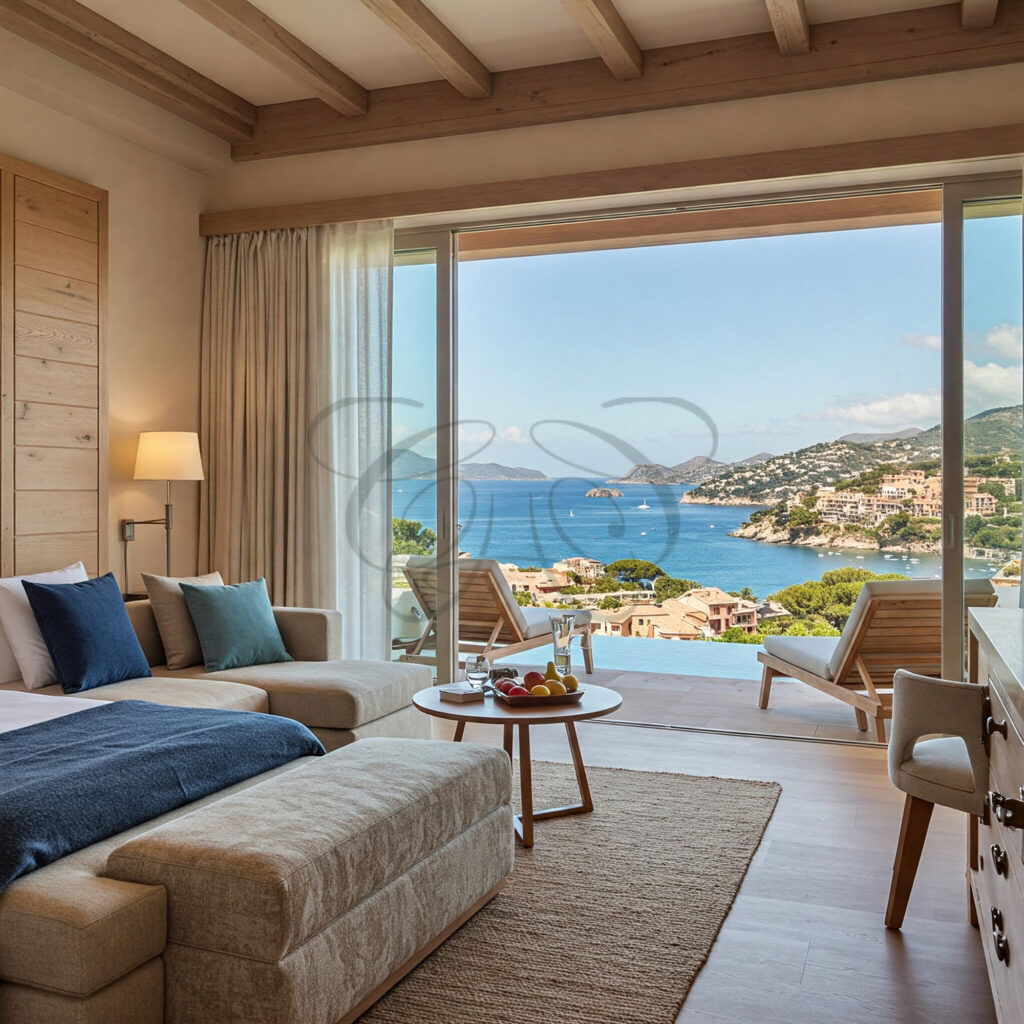 Camera da letto di lusso con vetrata scorrevole aperta sulla terrazza e vista sul mare di Porto Cervo.