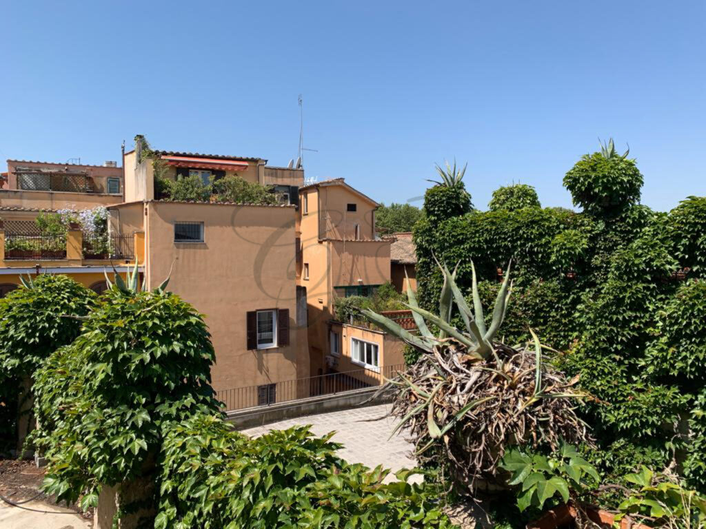 View from the penthouse terrace for rent in Rome onto historic buildings and lush plants.