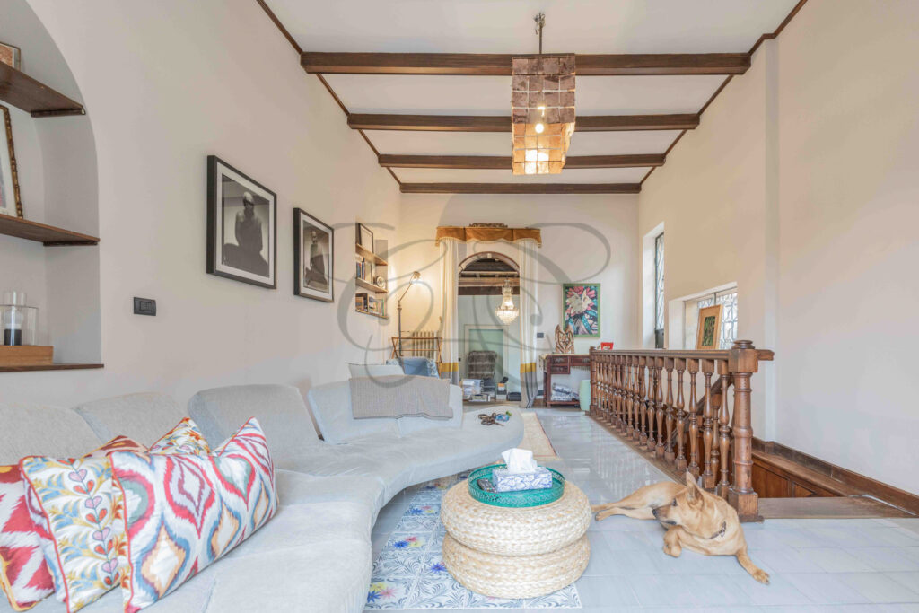 Spacious living room with modern sofa, exposed beams, designer details, and a dog, penthouse for rent Rome.