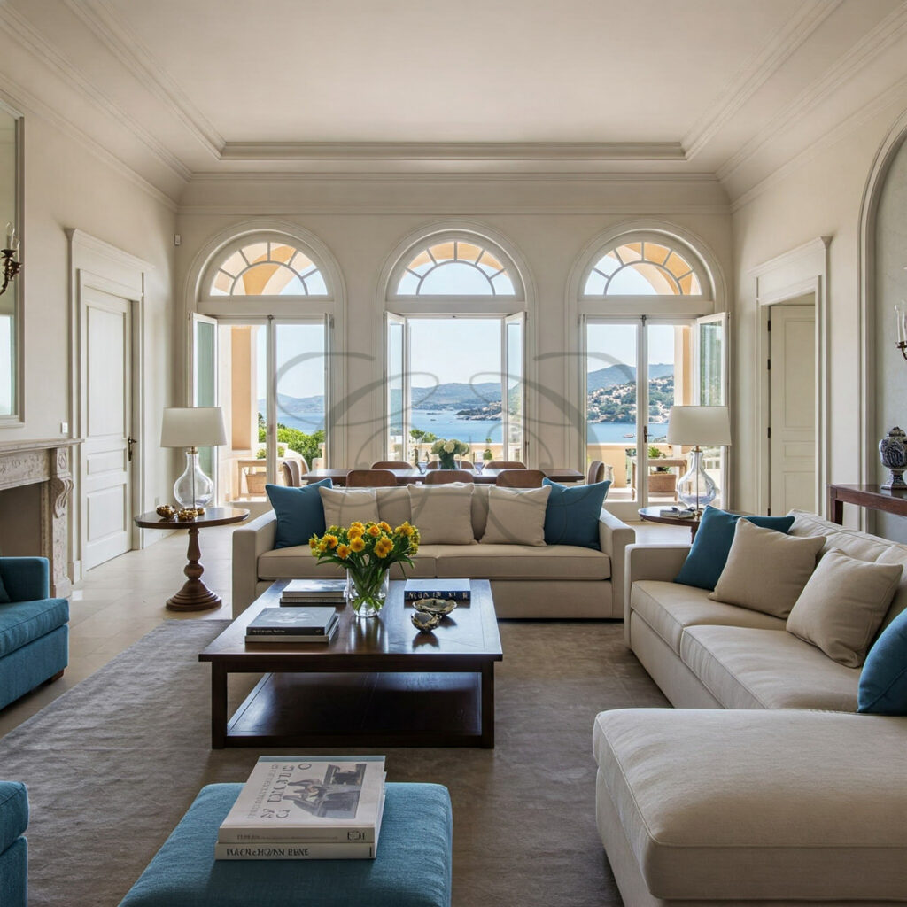 Ampio salone con divani bianchi e finestre ad arco con vista mare, in una villa di lusso in vendita a Porto Cervo.