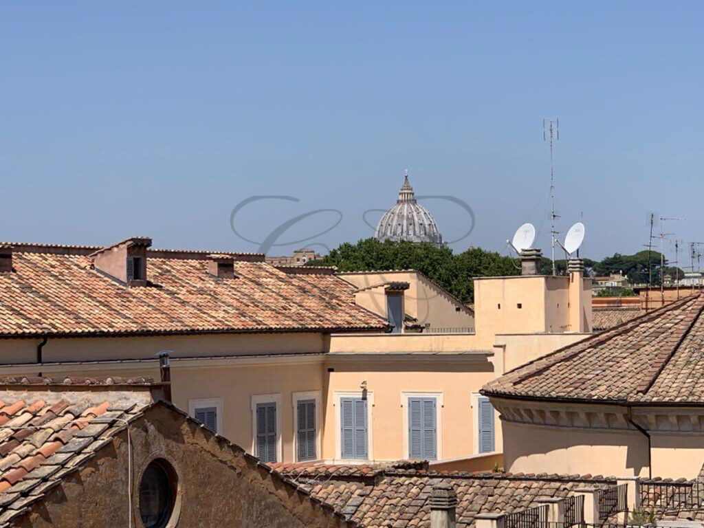 Panoramic view of St. Peter's Dome and Rome's rooftops from the penthouse for rent.