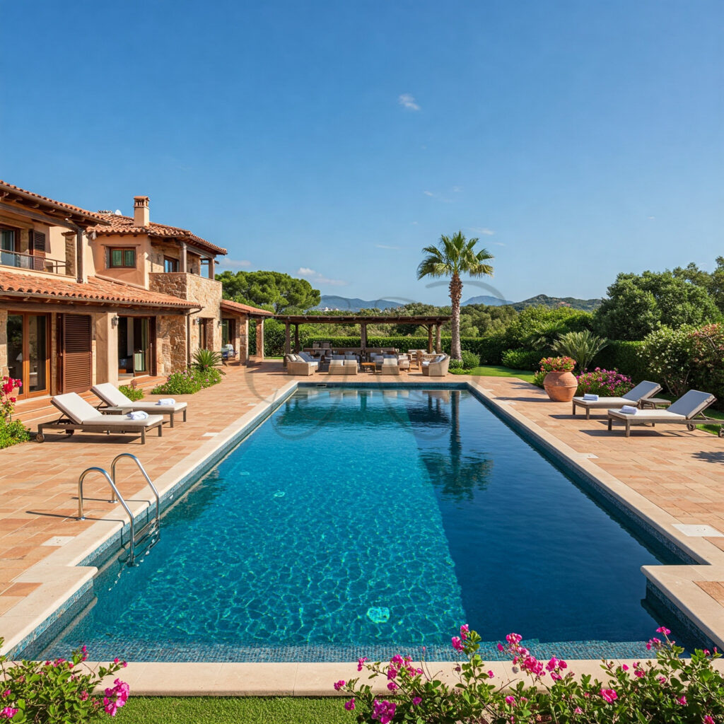 Grande piscina privata circondata da un giardino curato, parte di una villa in vendita a Porto Cervo.