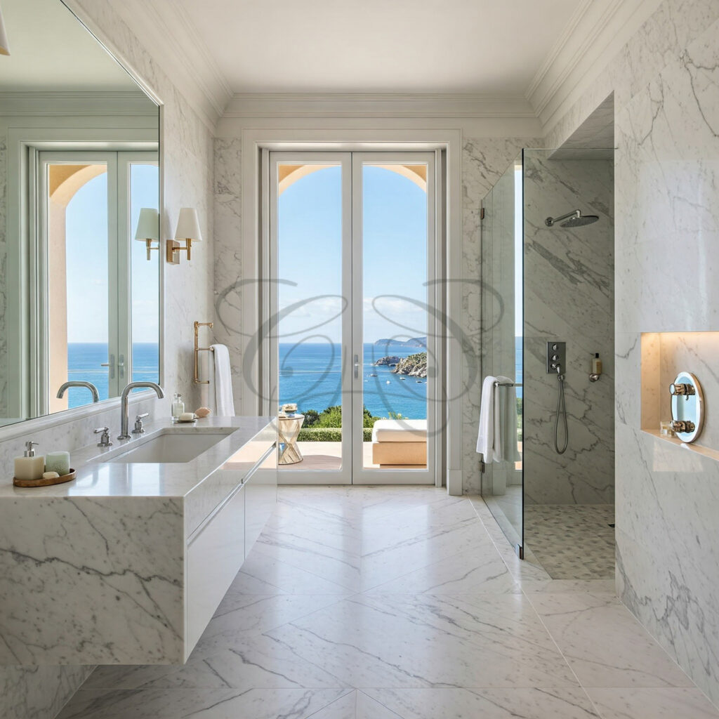 Bagno di design moderno e luminoso con grandi finestre affacciate sul mare in una villa di lusso in vendita.
