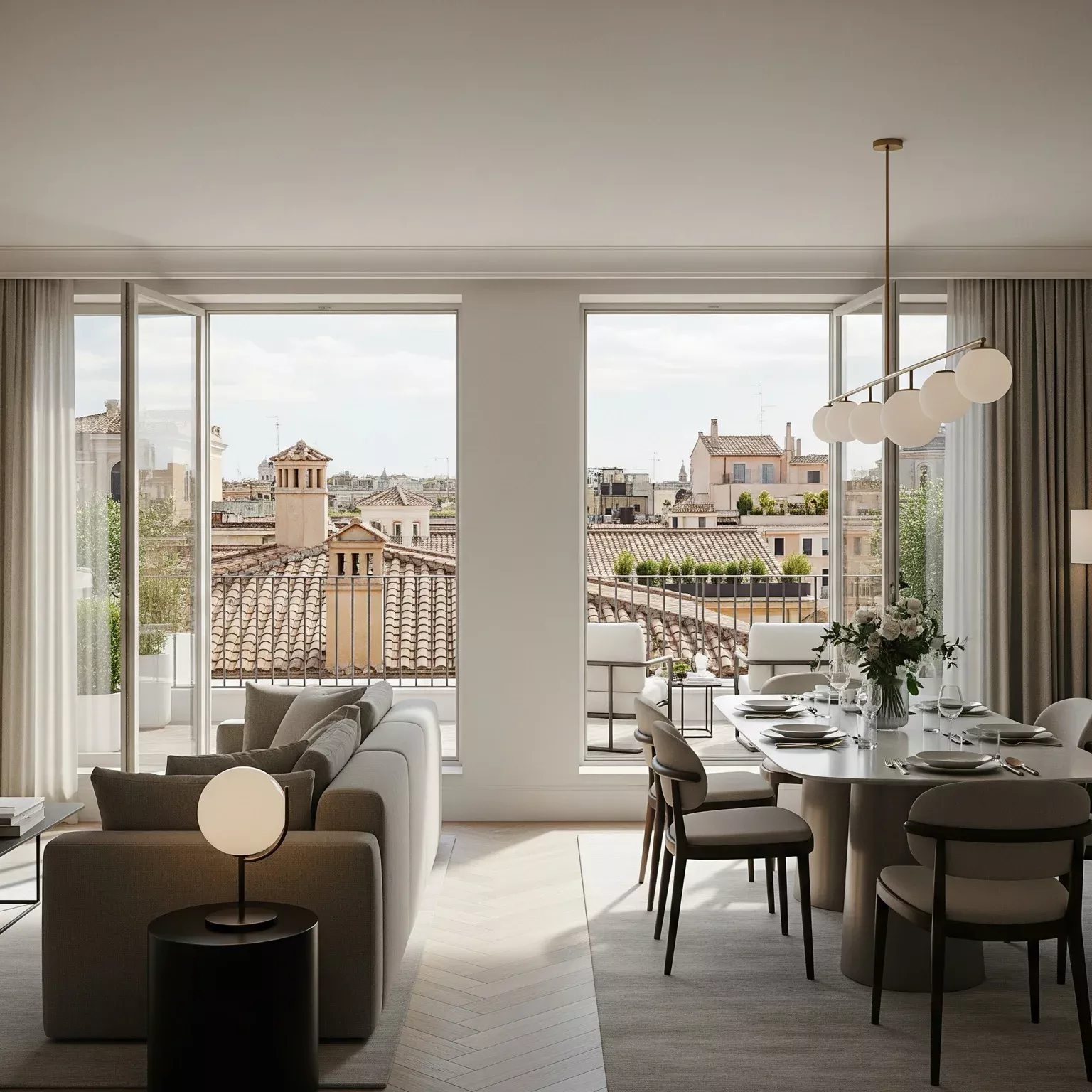 Elegant living room of a high-end apartment for sale near Piazza di Spagna, Rome Luxury apartment interior with panoramic view over the rooftops of Rome near Piazza di Spagna