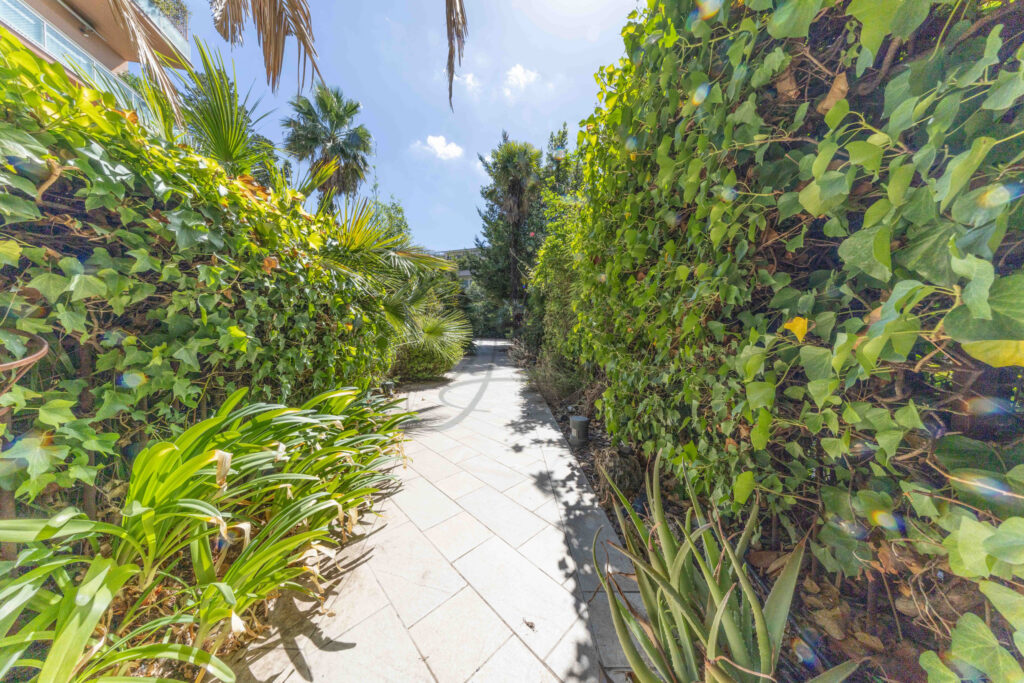 Vialetto immerso nel verde all'interno del terrazzo privato di una proprietà di lusso in vendita a Roma Parioli.