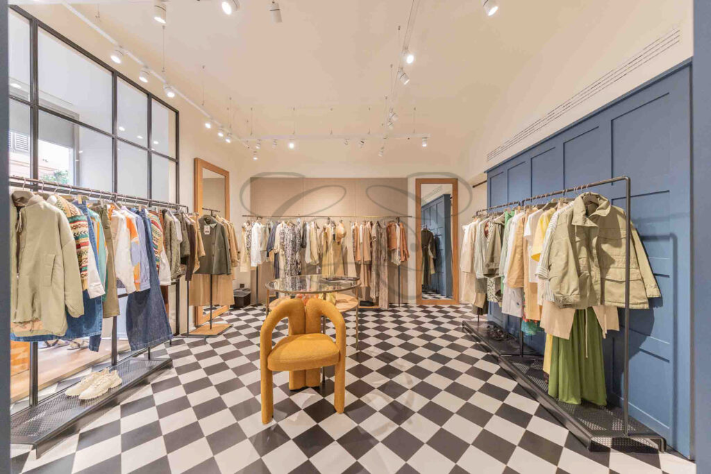 Modern luxury retail interior with contemporary furniture and fixtures, in a commercial investment property in central Rome.