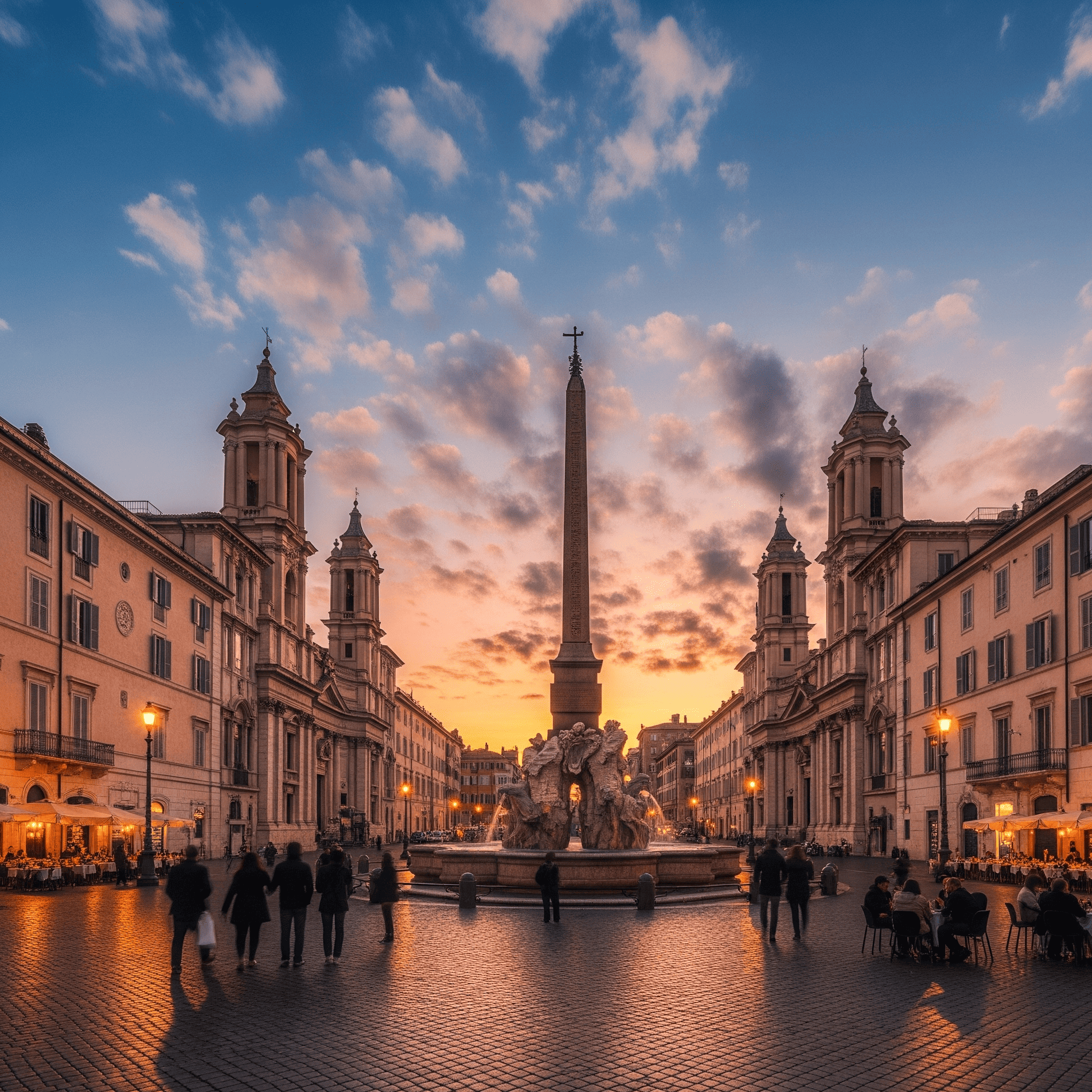 Veduta di Piazza Navona al tramonto, case storiche in vendita a Roma Centro Storico