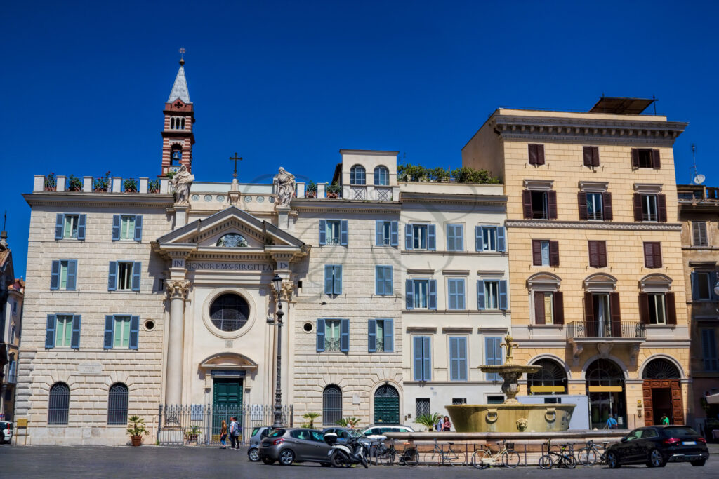 View of Piazza Farnese with Saint Bridget Church and fountain - Class & Country Homes.