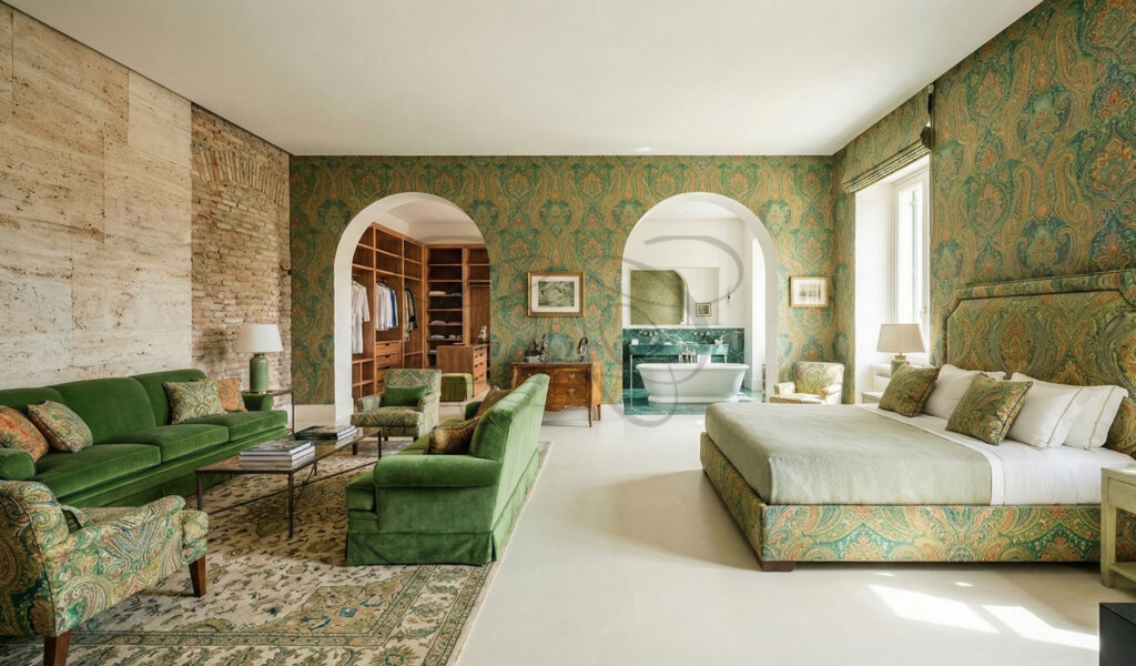 Suite padronale di lusso con archi architettonici, carta da parati paisley, salotto privato e bagno panoramico in appartamento in vendita a Roma Piazza Navona