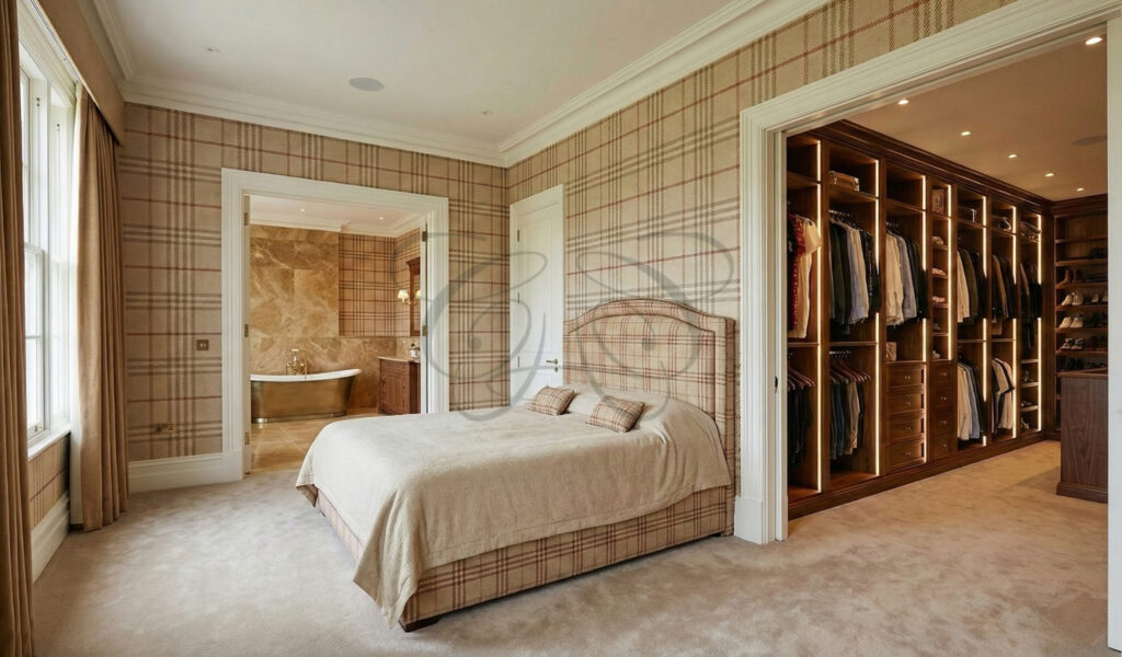 Suite padronale di lusso con design tartan, spaziosa cabina armadio e bagno privato in appartamento in vendita a Roma Piazza Navona