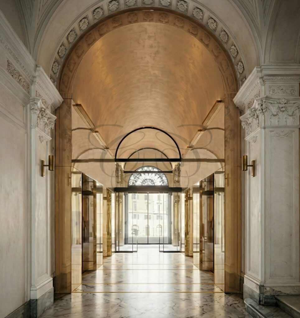 uffici direzionali in locazione Roma centro storico. Hall di ingresso con volte a crociera e finiture in specchio bronzato.