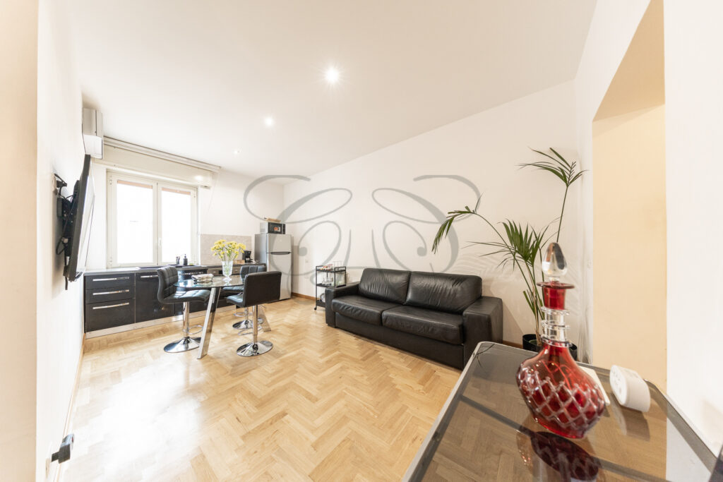 affitto monteverde roma soggiorno moderno con divano in pelle e parquet.