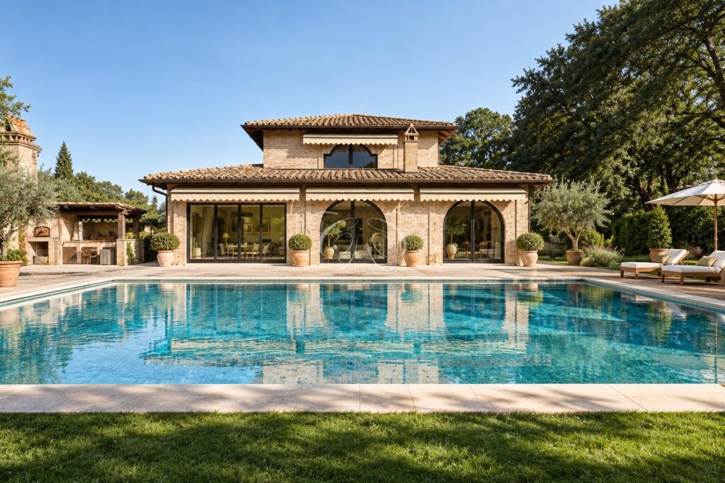 Vendere villa lusso Olgiata Roma — villa e piscina a sfioro nel parco, rendering della ristrutturazione
