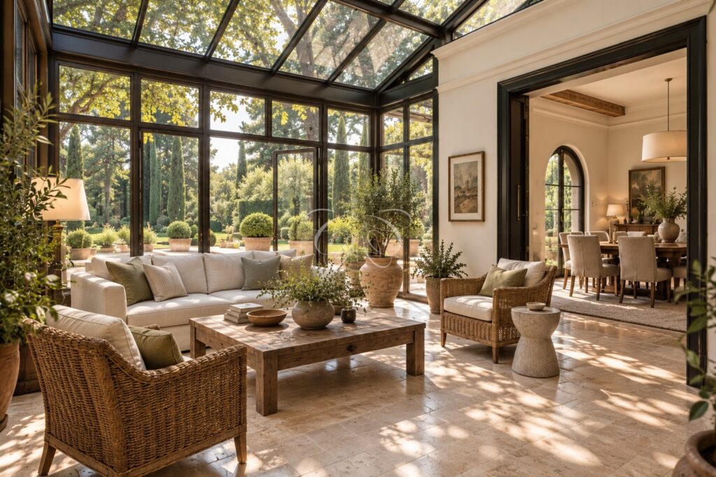 Olgiata Roma villa vendita lusso — veranda d'inverno, rendering della ristrutturazione