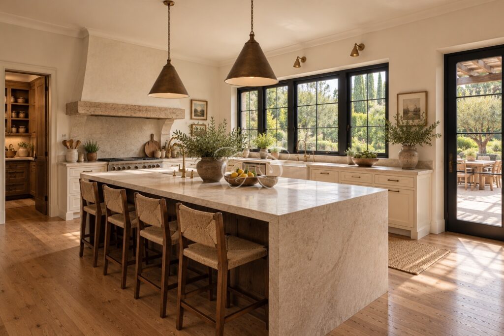 Olgiata Roma villa vendita lusso — cucina con isola centrale, rendering della ristrutturazione