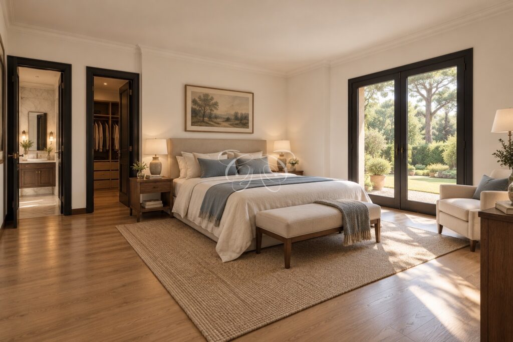 Olgiata Roma villa vendita lusso — camera della seconda suite, rendering della ristrutturazione