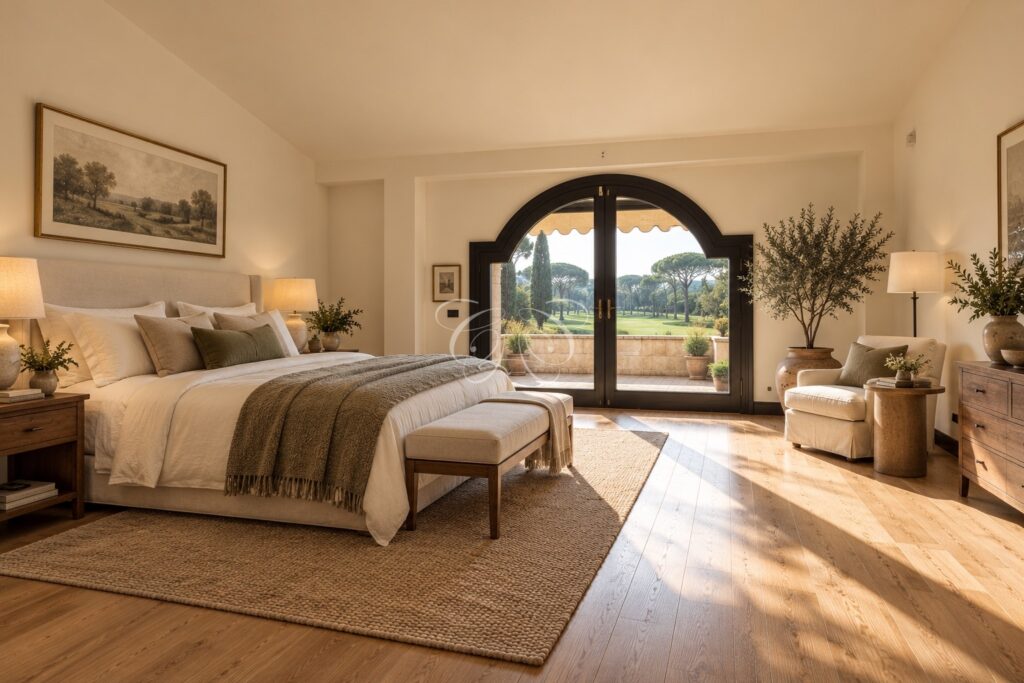 Olgiata Roma villa vendita lusso — camera della suite padronale, rendering della ristrutturazione