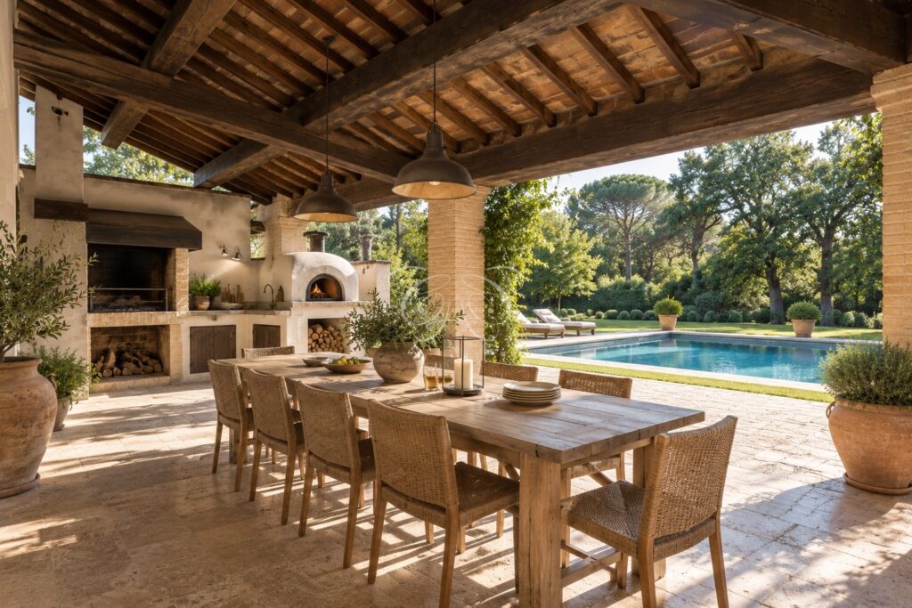 Olgiata Roma villa vendita lusso — portico con cucina estiva e forno a legna, rendering della ristrutturazione