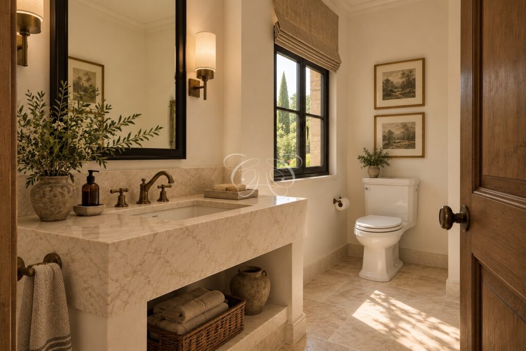 Olgiata Rome luxury villa for sale — guest cloakroom, renovation rendering