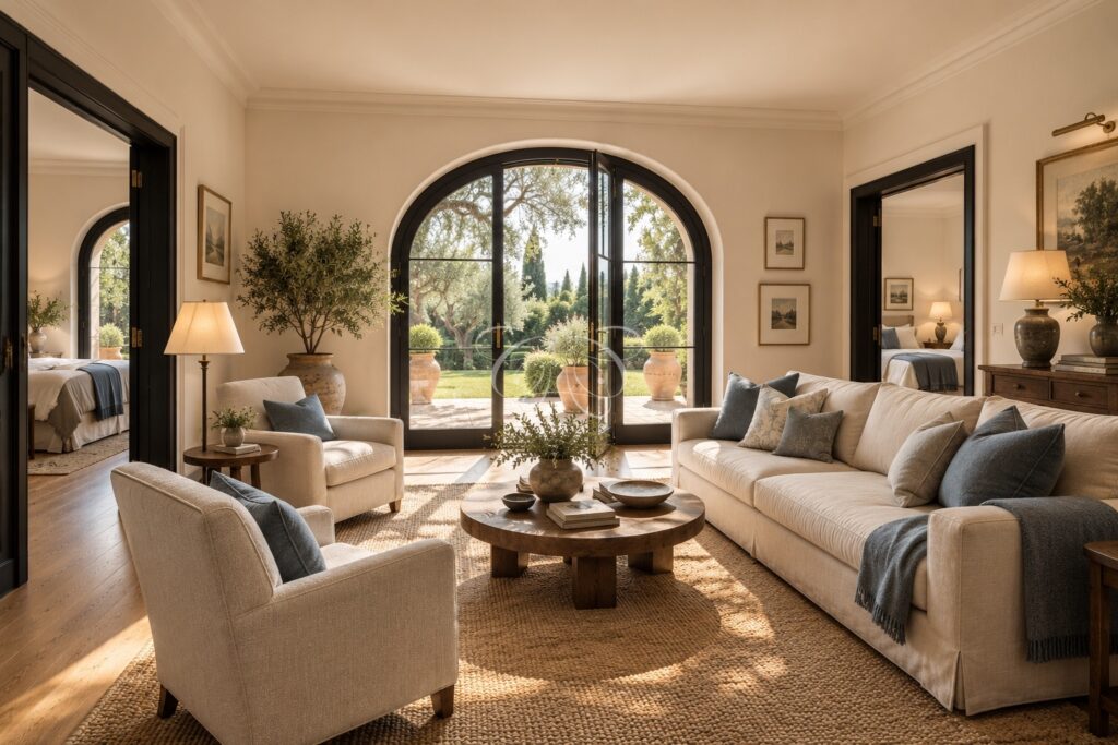 Olgiata Rome luxury villa for sale — sitting room shared by two suites, renovation rendering