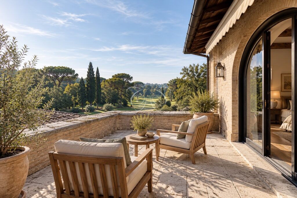 Olgiata Rome luxury villa for sale — terrace of the principal suite, renovation rendering
