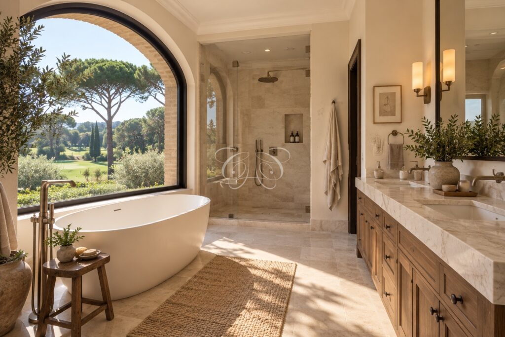 Olgiata Rome luxury villa for sale — principal bathroom with freestanding bath, renovation rendering