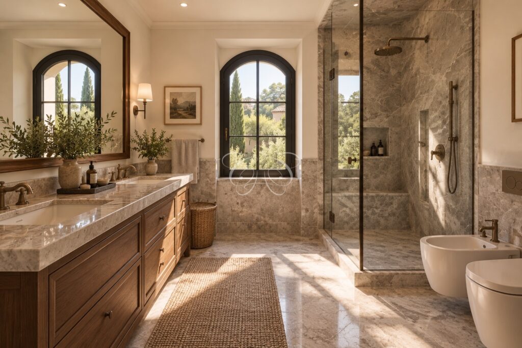 Olgiata Rome luxury villa for sale — second principal bathroom, renovation rendering