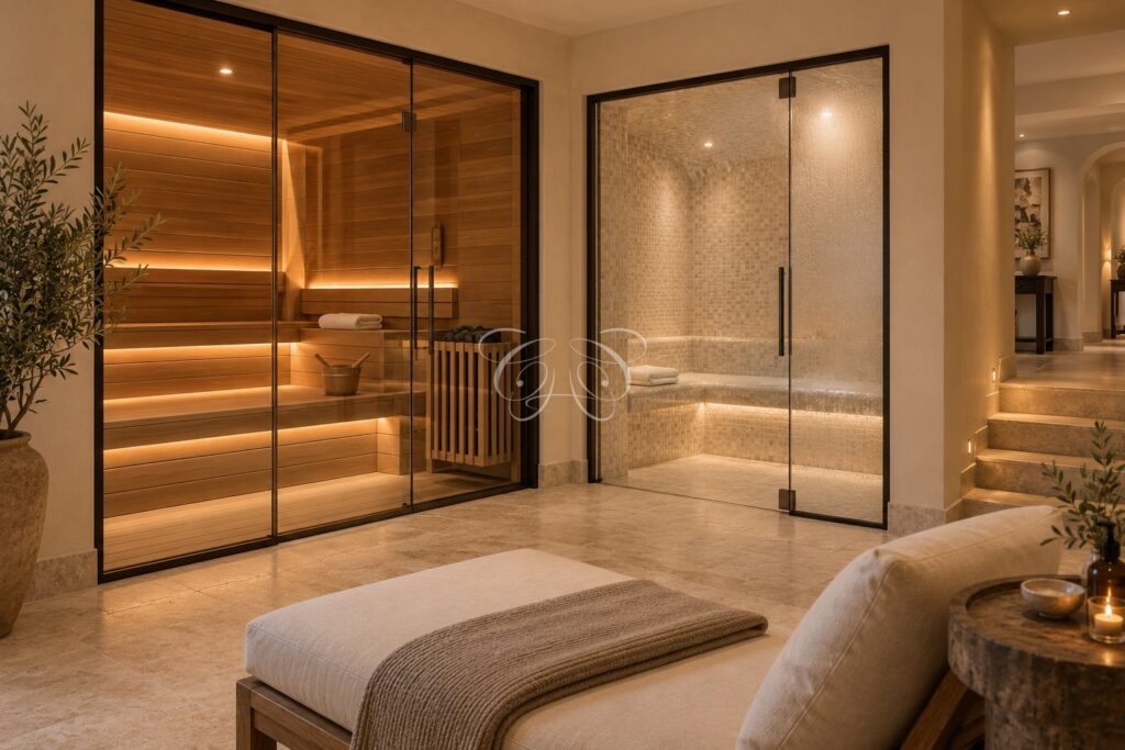 Olgiata Rome luxury villa for sale — wellness area with sauna and steam room, renovation rendering